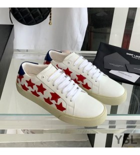 Yves Saint Laurent Court Classic Sneakers In Stars Embroidered Leather White/Red