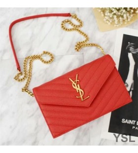 Yves Saint Laurent Envelope Chain Wallet In Textured Matelasse Leather Red/Gold
