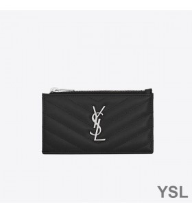 Yves Saint Laurent Fragments Zipped Card Case In Grained Matelasse Leather Black/Silver