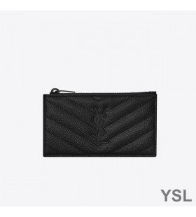 Yves Saint Laurent Fragments Zipped Card Case In Grained Matelasse Leather Black