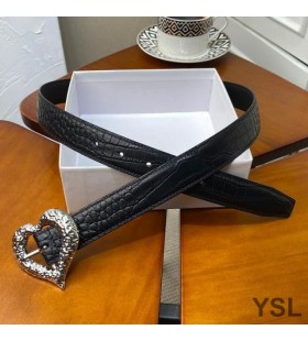 Yves Saint Laurent Heart Belt In Crocodile Embossed Leather Black/Silver