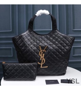 Yves Saint Laurent Icare Maxi Shopping Bag In Quilted Lambskin Black/Gold