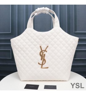 Yves Saint Laurent Icare Maxi Shopping Bag In Quilted Lambskin White/Gold