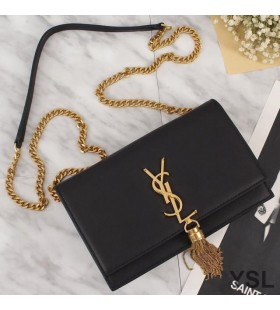 Yves Saint Laurent Kate Chain Wallet with Tassel In Leather Black/Gold