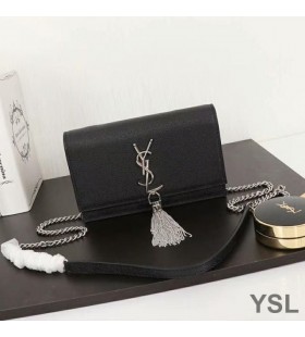 Yves Saint Laurent Kate Chain Wallet with Tassel In Textured Leather Black/Silver