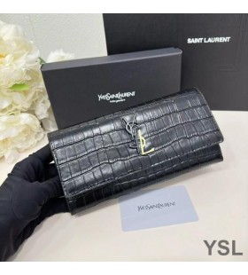 Yves Saint Laurent Large Cassandra Deconstruct Bifold Wallet In Crocodile Embossed Leather Black