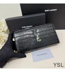 Yves Saint Laurent Large Cassandra Deconstruct Zip Around Wallet In Crocodile Embossed Leather Black