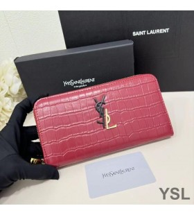 Yves Saint Laurent Large Cassandra Deconstruct Zip Around Wallet In Crocodile Embossed Leather Red