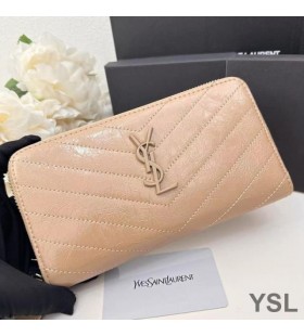 Yves Saint Laurent Large Cassandra Zip Around Wallet In Crinkled Matelasse Leather Apricot