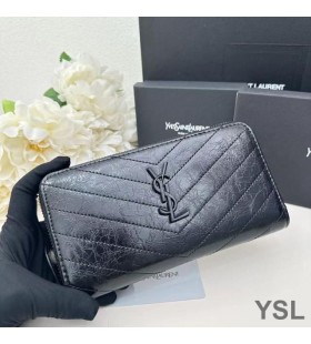 Yves Saint Laurent Large Cassandra Zip Around Wallet In Crinkled Matelasse Leather Black