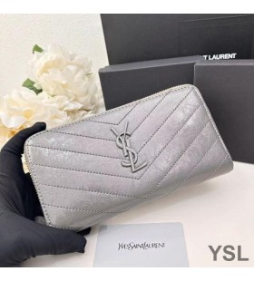 Yves Saint Laurent Large Cassandra Zip Around Wallet In Crinkled Matelasse Leather Grey