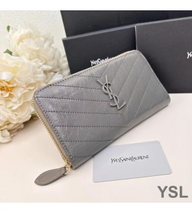 Yves Saint Laurent Large Cassandra Zip Around Wallet In Crinkled Matelasse Leather Grey