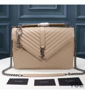 Yves Saint Laurent Large Classic College Chain Bag In Matelasse Leather Apricot/Silver