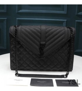 Yves Saint Laurent Large Envelope Chain Bag In Mixed Grained Matelasse Leather Black