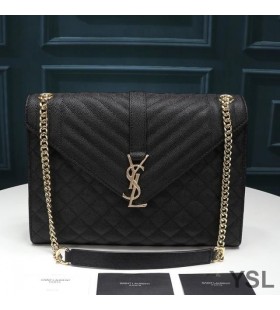Yves Saint Laurent Large Envelope Chain Bag In Mixed Grained Matelasse Leather Black/Gold