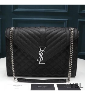 Yves Saint Laurent Large Envelope Chain Bag In Mixed Grained Matelasse Leather Black/Silver