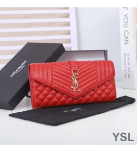 Yves Saint Laurent Large Envelope Flap Wallet In Mixed Grained Matelasse Leather Red/Gold