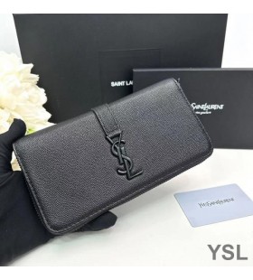 Yves Saint Laurent Large Line Zip Around Wallet In Grained Leather Black