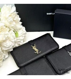 Yves Saint Laurent Large Line Zip Around Wallet In Grained Leather Black/Gold