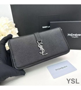 Yves Saint Laurent Large Line Zip Around Wallet In Grained Leather Black/Silver
