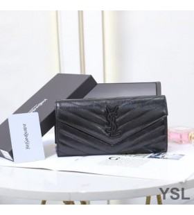 Yves Saint Laurent Large Monogram Flap Wallet In Crinkled Matelasse Leather Black