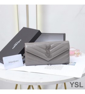 Yves Saint Laurent Large Monogram Flap Wallet In Crinkled Matelasse Leather Grey