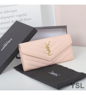 Yves Saint Laurent Large Monogram Flap Wallet In Grained Matelasse Leather Pink/Gold
