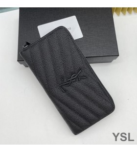 Yves Saint Laurent Large Monogram Zip Around Wallet In Grained Matelasse Leather Black