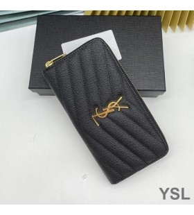 Yves Saint Laurent Large Monogram Zip Around Wallet In Grained Matelasse Leather Black/Gold