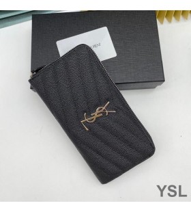 Yves Saint Laurent Large Monogram Zip Around Wallet In Grained Matelasse Leather Black/Silver