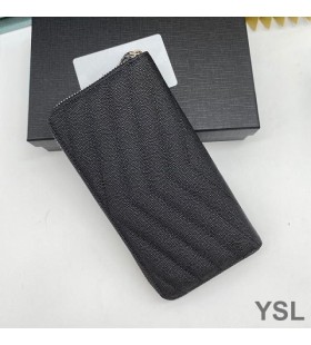 Yves Saint Laurent Large Monogram Zip Around Wallet In Grained Matelasse Leather Black/Silver