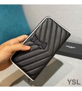 Yves Saint Laurent Large Monogram Zip Around Wallet In Grained Matelasse Leather Black/White