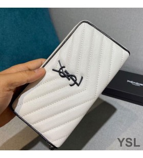 Yves Saint Laurent Large Monogram Zip Around Wallet In Grained Matelasse Leather White/Black