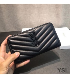 Yves Saint Laurent Large Monogram Zip Around Wallet In Matelasse Leather Black