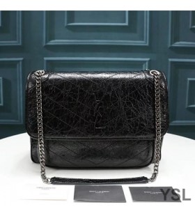 Yves Saint Laurent Large Niki Chain Bag In Crinkled And Quilted Leather Black/Silver