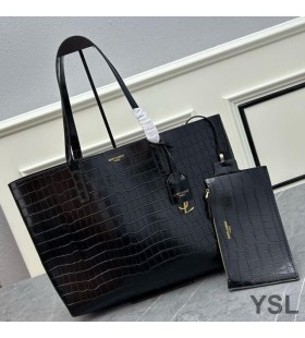 Yves Saint Laurent Large Shopping Bag In Crocodile-Embossed Leather Black
