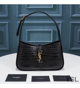 Yves Saint Laurent Le 5 A 7 Hobo Bag In Crocodile-Embossed Shiny Leather Black/Gold
