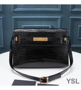 Yves Saint Laurent Manhattan Shoulder Bag In Crocodile-Embossed Shiny Leather Black/Gold