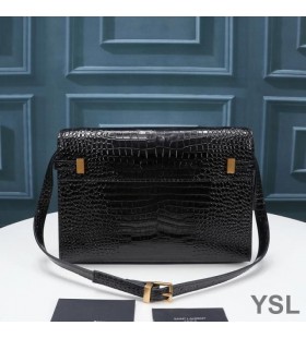 Yves Saint Laurent Manhattan Shoulder Bag In Crocodile-Embossed Shiny Leather Black/Gold