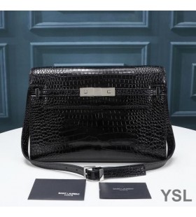 Yves Saint Laurent Manhattan Shoulder Bag In Crocodile-Embossed Shiny Leather Black/Silver