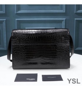 Yves Saint Laurent Manhattan Shoulder Bag In Crocodile-Embossed Shiny Leather Black/Silver