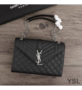 Yves Saint Laurent Medium Envelope Chain Bag In Mixed Grained Matelasse Leather Black/Silver