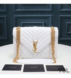 Yves Saint Laurent Medium Envelope Chain Bag In Mixed Grained Matelasse Leather White/Gold