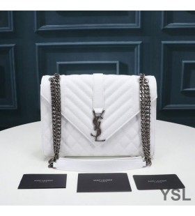 Yves Saint Laurent Medium Envelope Chain Bag In Mixed Grained Matelasse Leather White/Silver