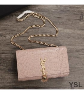 Yves Saint Laurent Medium Kate Chain Bag with Tassel In Crocodile Embossed Shiny Leather Pink/Gold