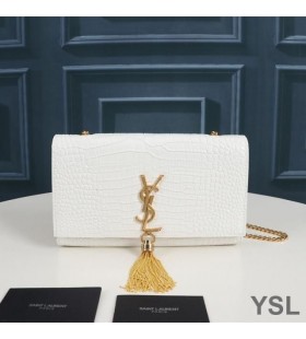Yves Saint Laurent Medium Kate Chain Bag with Tassel In Crocodile Embossed Shiny Leather White/Gold