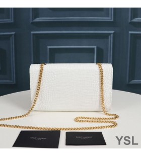 Yves Saint Laurent Medium Kate Chain Bag with Tassel In Crocodile Embossed Shiny Leather White/Gold