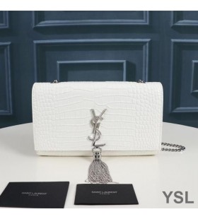 Yves Saint Laurent Medium Kate Chain Bag with Tassel In Crocodile Embossed Shiny Leather White/Silver