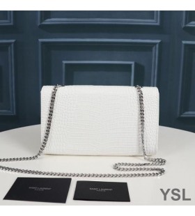 Yves Saint Laurent Medium Kate Chain Bag with Tassel In Crocodile Embossed Shiny Leather White/Silver