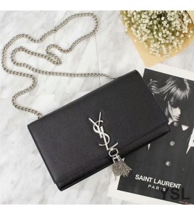 Yves Saint Laurent Medium Kate Chain Bag with Tassel In Grained Leather Black/Silver